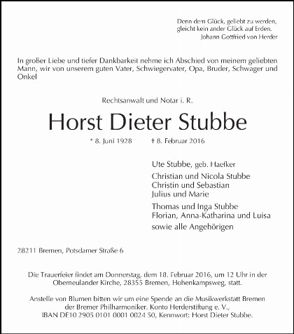 Trauerfall Horst Dieter Stubbe
