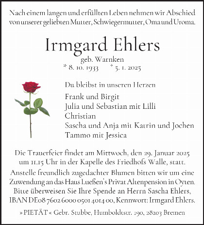 Trauerfall Irmgard Ehlers