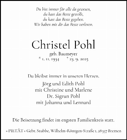 Trauerfall Christel Ingeborg Ursula Pohl