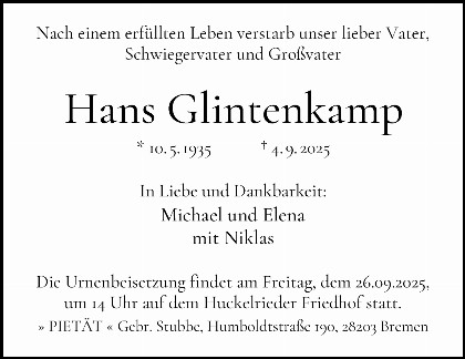 Trauerfall Hans Glintenkamp