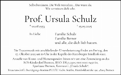 Trauerfall Prof. Ursula Schulz
