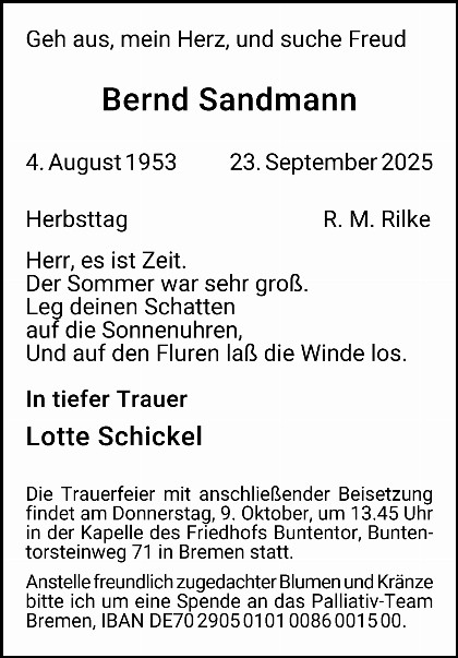 Trauerfall Bernd Sandmann