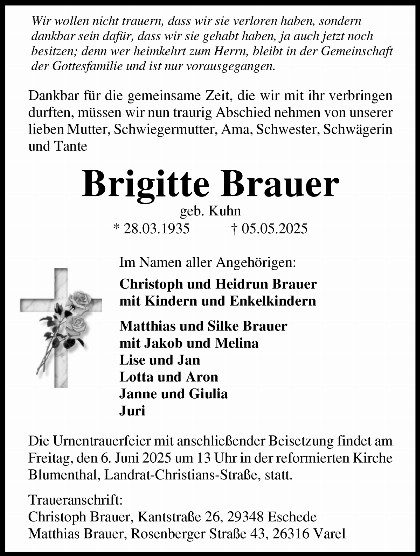 Trauerfall Brigitte Brauer