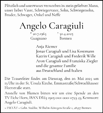 Trauerfall Angelo Caragiuli