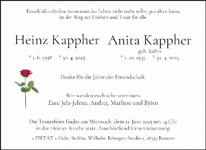 Trauerfall Anita Kappher