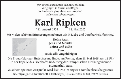 Trauerfall Karl Eilert Johann Ripken