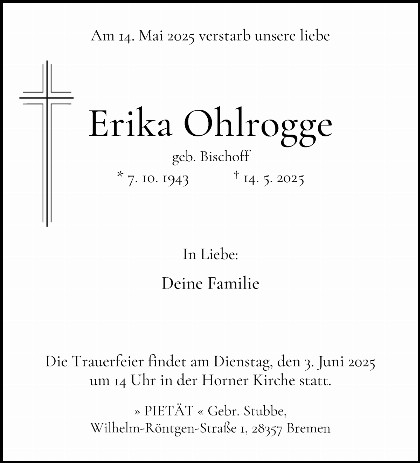 Trauerfall Erika Ohlrogge