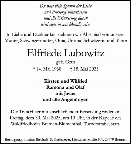 Trauerfall Elfriede Lubowitz