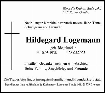Trauerfall Hildegard Logemann