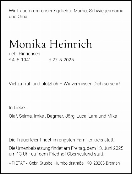 Trauerfall Monika Heinrich