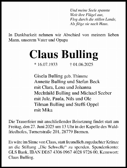 Trauerfall Claus Bulling