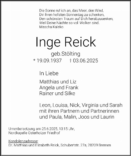 Trauerfall Inge Reick