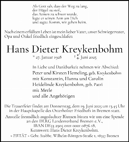 Trauerfall Hans Dieter Fritz Jochen Kreykenbohm