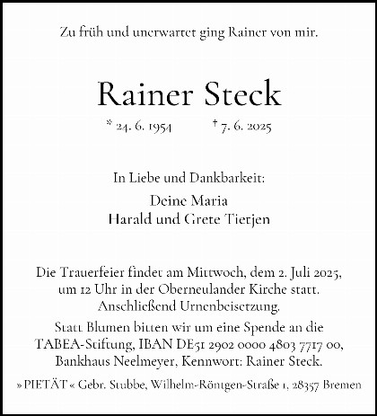 Trauerfall Rainer Günter Steck