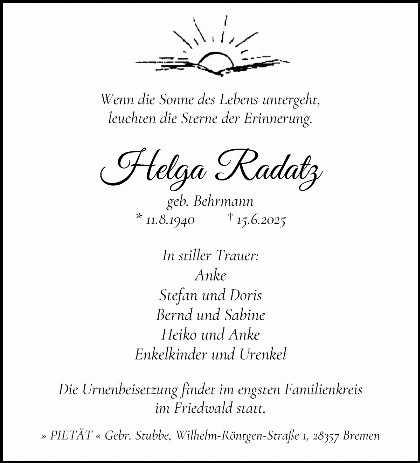 Trauerfall Helga Radatz