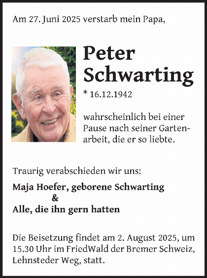 Trauerfall Peter Schwarting