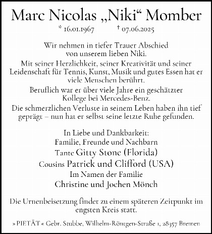 Trauerfall Marc Nicolas Momber