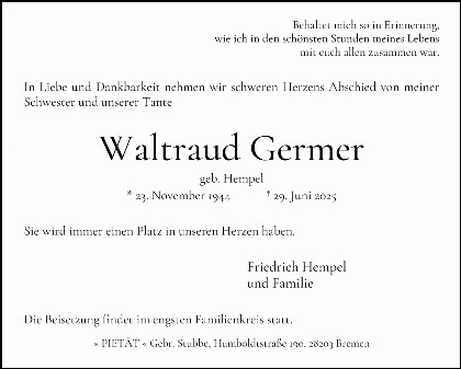 Trauerfall Waltraud Germer