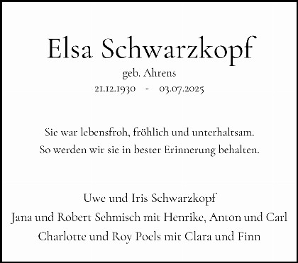 Trauerfall Elsa Schwarzkopf 