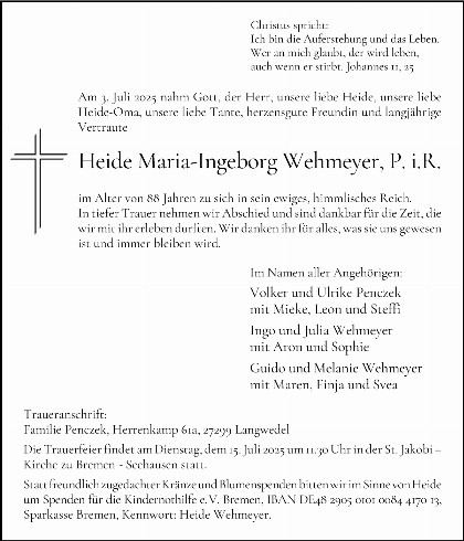 Trauerfall Heide Maria Ingeborg Wehmeyer