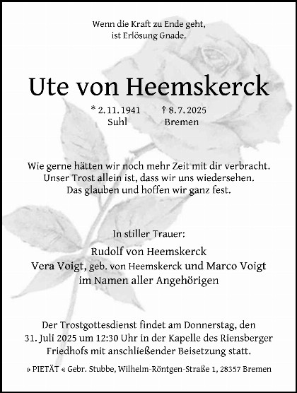 Trauerfall Ute Emma Marieluise Ella von Heemskerck