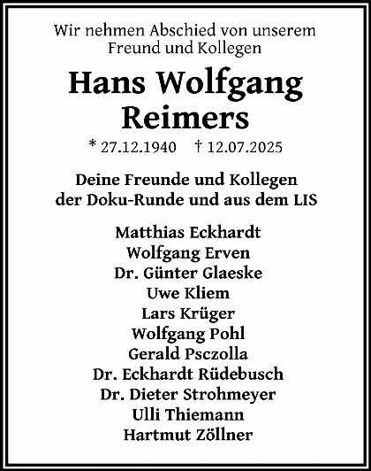 Trauerfall Hans-Wolfgang Reimers