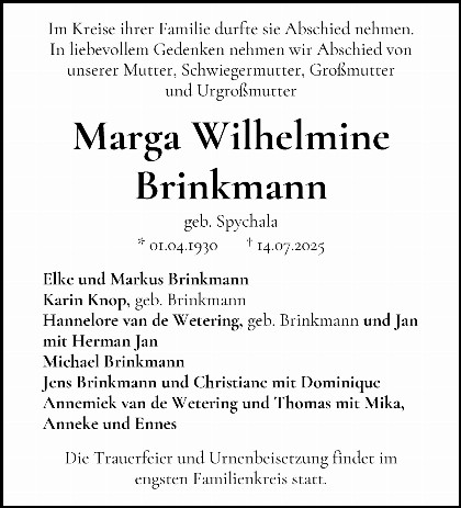 Trauerfall Marga Brinkmann