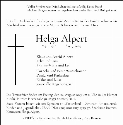 Trauerfall Helga Alpert