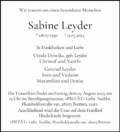 Trauerfall Sabine Leyder