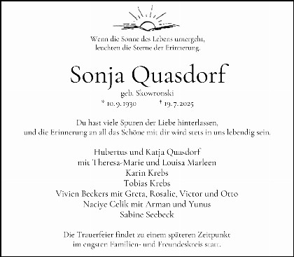 Trauerfall Sonja Quasdorf