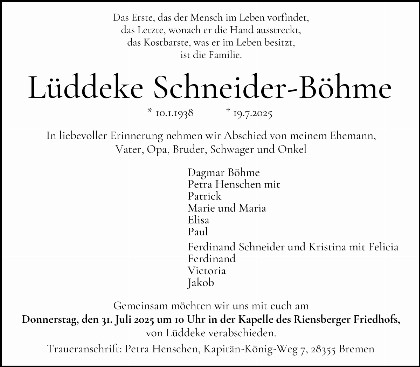 Trauerfall Hans Lüddeke Schneider-Böhme