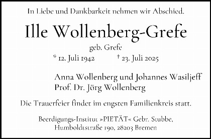 Trauerfall Ilse Wollenberg-Grefe