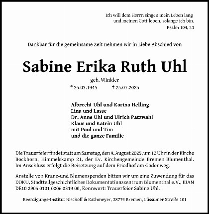 Trauerfall Sabine Erika Ruth Uhl