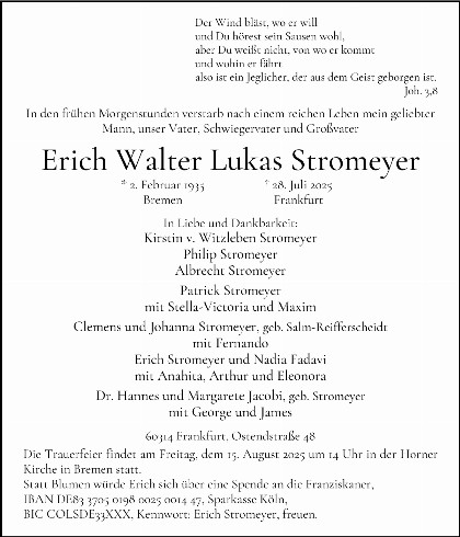 Trauerfall Erich Walter Lukas Stromeyer