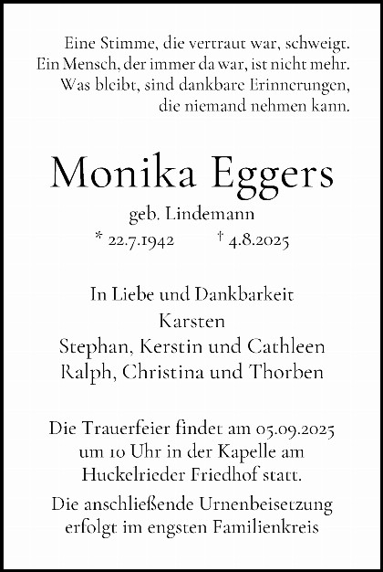 Trauerfall Monika Eggers