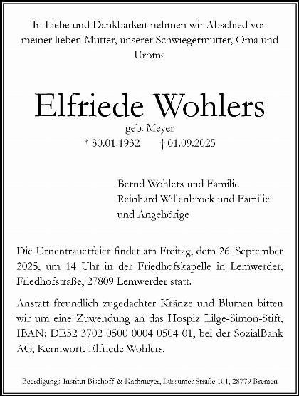 Trauerfall Elfriede Wohlers