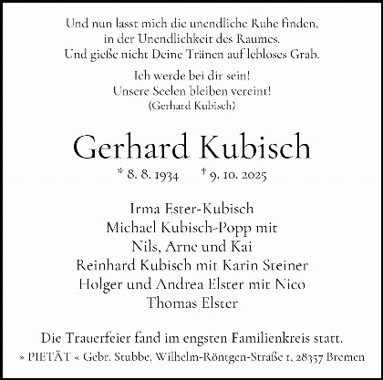 Trauerfall Gerhard Kubisch