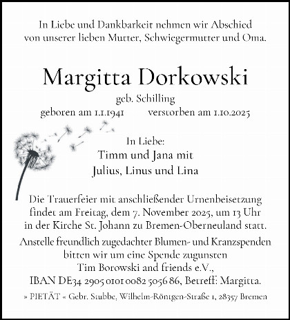 Trauerfall Margitta Dorkowski