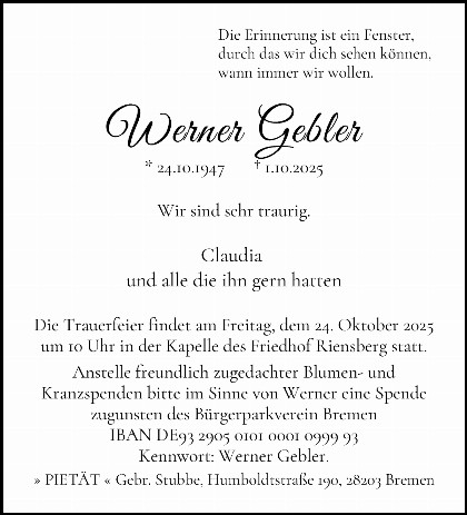 Trauerfall Werner Gebler