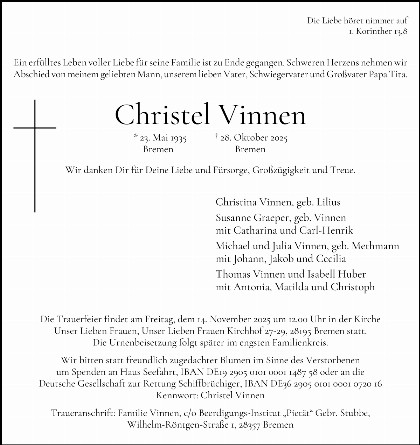 Trauerfall Christel Vinnen