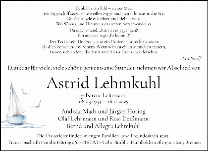 Trauerfall Astrid Lehmkuhl