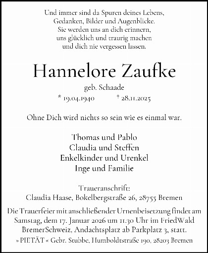 Trauerfall Hannelore Zaufke