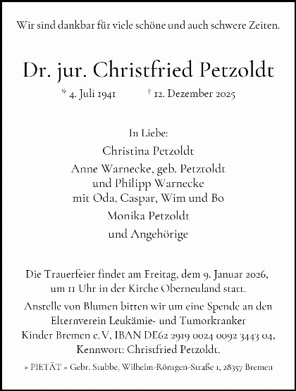 Trauerfall Christfried Petzoldt